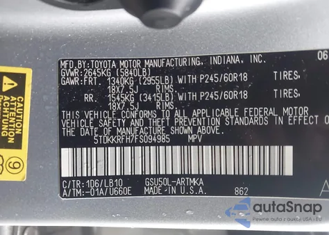 2015 Toyota Highlander Xle V6 из США, поврежденный, VIN 5TDKKRFH7FS094985